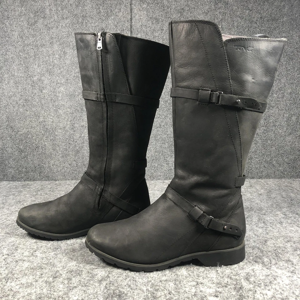 Teva Boots Womens Size 9 Black Tall Knee High Leather Zip Buckle Riding Lug Sole - Image 3 of 4