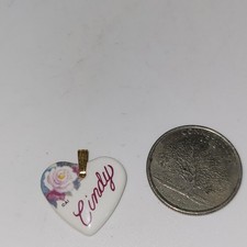 Cindy Heart Shaped Kiln Fired Porcelain Metal Bail Pendant Flower graphic