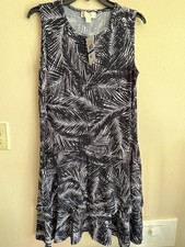 NWT Michael Kors Midnight Blue & White Palm Print Scoop Neck Sleeveless Dress XL