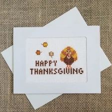 Completed Finished Cross Stitch Happy Thanksgiving Turkey Blank Note Card