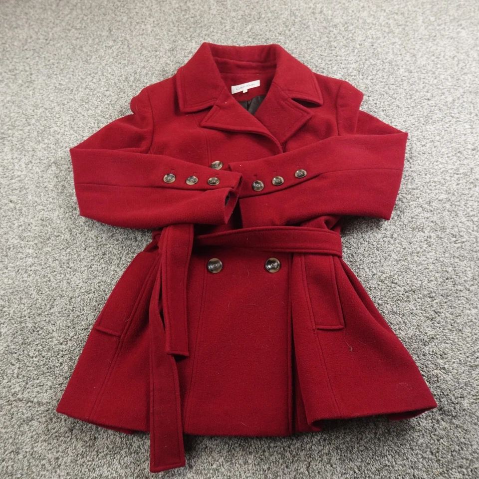 Calvin Klein Coat Womens 16 Red Wool Blend Belted Double Breasted Peacoat Jacket - Image 2 of 4
