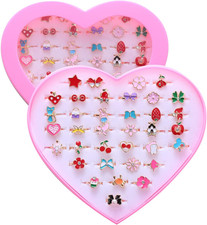 36Pcs Little Girl Jewel Rings, Adjustable, No Duplication Kids Play Ring in Box,
