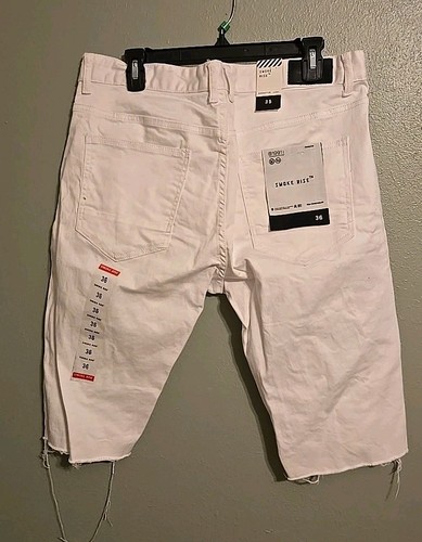 Smoke Rise Shorts Mens 36 White Distressed Denim Moto Raw Hem Hand Finished - Picture 4 of 6