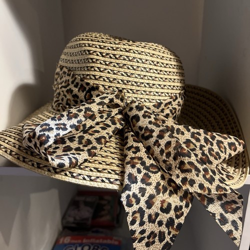 Wide Brim Straw Sun Hat With Leopard Print Ribbon Bow By Jacobson Hat