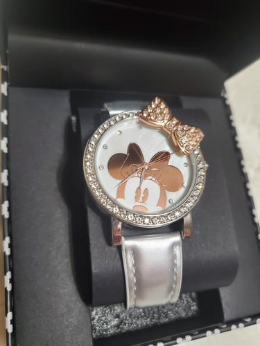 Disney Adulto Minnie Mouse Bisel de Cristal con Lazo Oro Rosa... Reloj Tono Plateado - Imagen 1 de 7