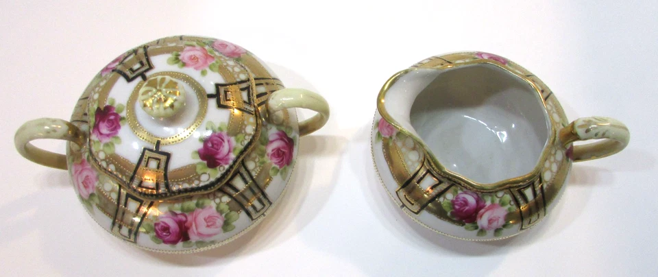 Antiguo Nippon Moriage Crema Azúcar Set Pintado a Mano Rosas Rosas Oro Decoración Foto 2 de 4