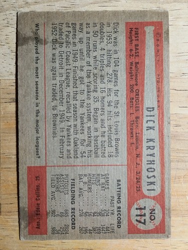 1954 Bowman #117 Dick Kryhoski (VGEX) - Picture 2 of 2
