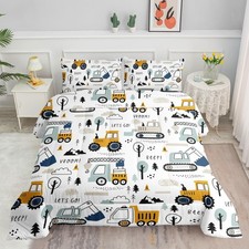 Cartoon Excavator Bedding Set - Construction Truck Bulldozer Tree Pattern Com...