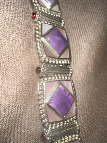 whitney Kelly 925 silver lavender jade, mother of pearl,garnet panel bracelet - Picture 5 of 14