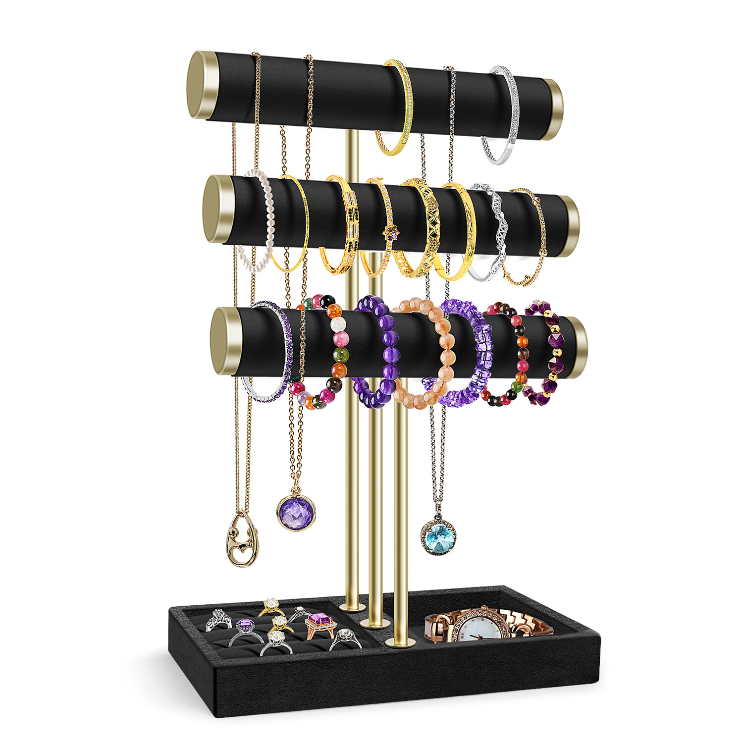 3 Tier Black Velvet Bracelet Holder Display Stand with Detachable T Bar