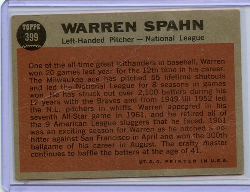 1962 Topps Warren Spahn Milwaukee Braves #399 AS ⭐️💥🎯 F/G - Picture 2 of 2