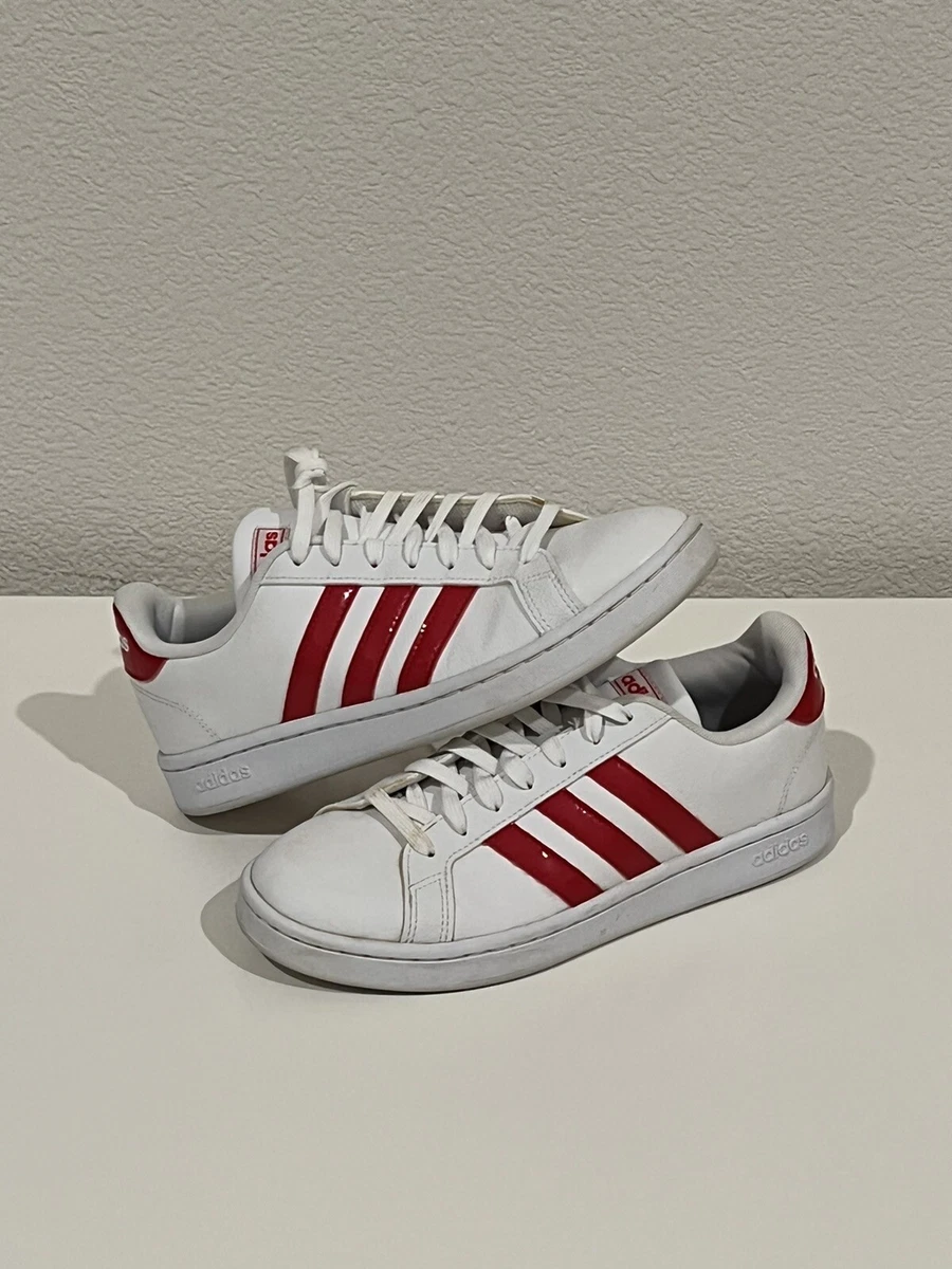 Adidas white shoes with red stripes store