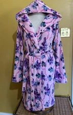 VERA BRADLEY Pink Floral hooded short Plush Fleece wrap bath robe Size S/M
