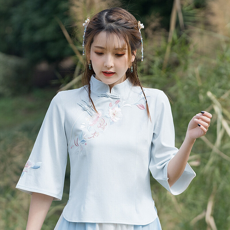 Women Floral Embroidered Hanfu Top Tang Suit Frog Button