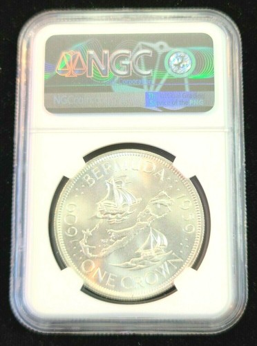 1959 BERMUDA SILVER 1 CROWN COLONY FOUNDING ANNIV NGC MS 67 MINT ERROR RARE - Picture 4 of 5