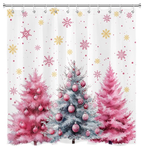 Winter Gold  Snowflake Pink Christmas Tree Shower Curtain Set for Bathroom Decor - Afbeelding 19 van 23