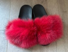REAL FUR RED SANDALS, SZ 7