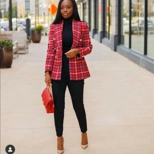RARE GENUINE ZARA RED CHECKED DOUBLE BREASTED JACKET BLAZER SIZE