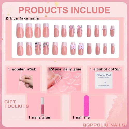 Künstliche Nägel Set Mit 24 Bow Fake Nails, Inklusive Nagelaufkleber, Nagelfe... - Bild 3 von 9