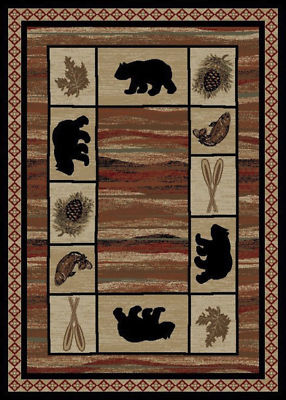 Lodge Cabin Rustic Bear & Pine Area Rug – Multi-Color, Machine Made, Free Shipping!