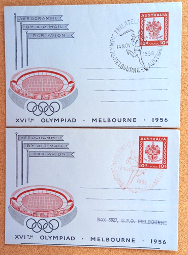 AUSTRALIA 1956 TWO OLYMPIC GAMES AEROGRAMMES WITH RED & BLACK ILLUST POSTMARKS