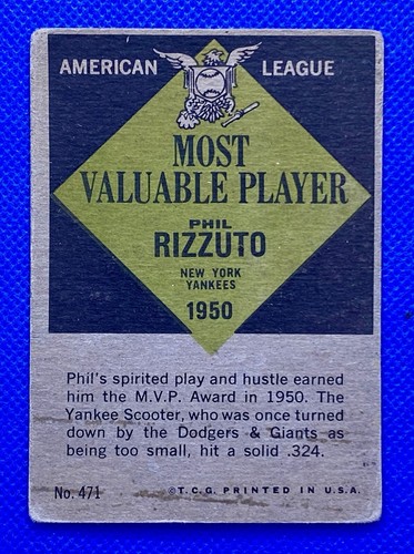 1961 Topps Phil Rizzuto MVP VG+ #471 RC158 - Picture 2 of 2