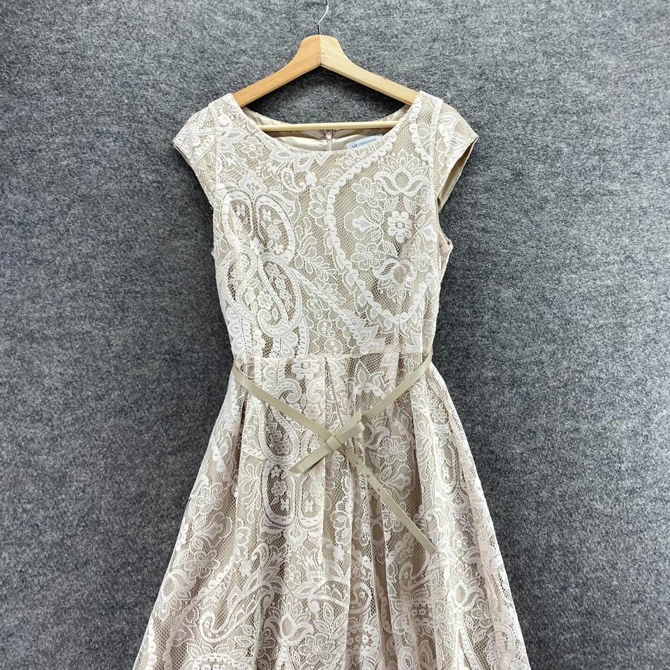 Liz Claiborne Dress Women 10 Beige Floral Sheath Midi Crochet Zipper Belted - Image 3 of 4