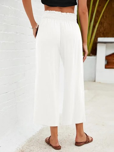 Damen Caprihose hoher Bund weites Bein Leinen elastisch gesmokter Bund fließende Hose - Bild 24 von 24
