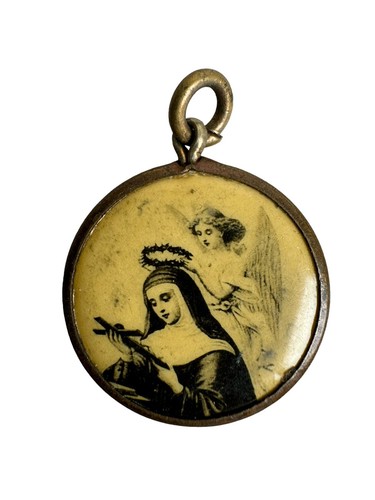 Antico Ciondolo Quadro Cattolico Santa Rita Cascia Medaglione Celluloide Due Facciali