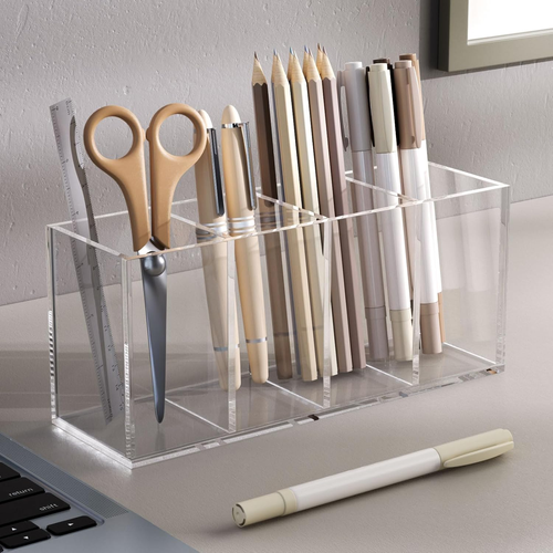 Acrylic Pen Holder 4 Compartments, Clear Pencil Organizer Cup for Countertop Des - Picture 3 of 12