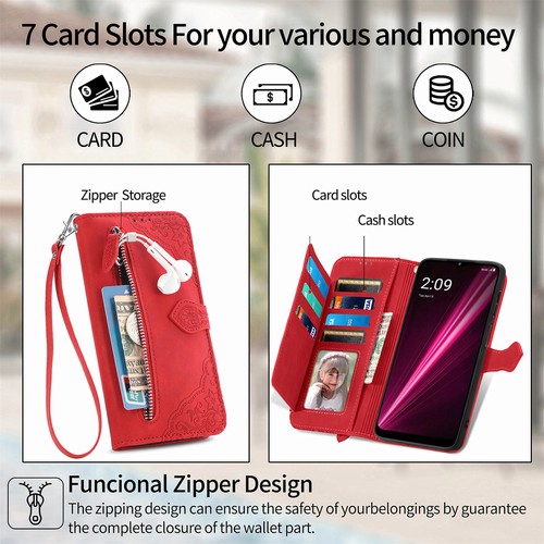 For T-Mobile REVVL 6/6 Pro/V+ 5G Magnetic Leather Wallet Zipper Case Stand Cover - Picture 23 of 47