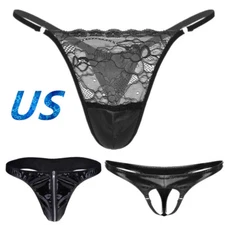 Men Wetlook Faux Leather Low Rise G-string Thong Bugle Pouch Briefs Underwear