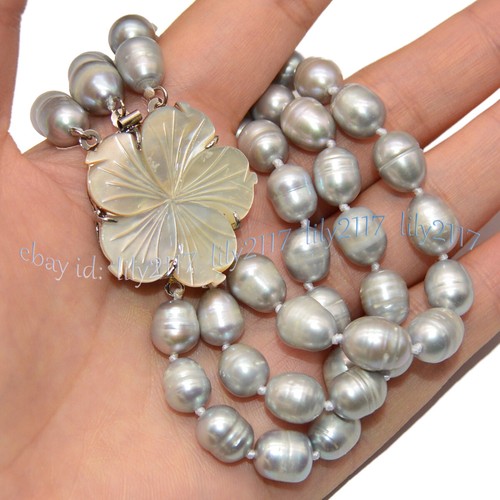 3 Rows 10-13mm Natural Silver Gray Baroque Pearl Bracelet 8" Shell Flower Clasp - Picture 7 of 10