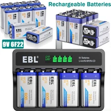 EBL 9 volt Lithium Li-Ion Rechargeable Battery / 9V Ni-MH battery / Charger Lot