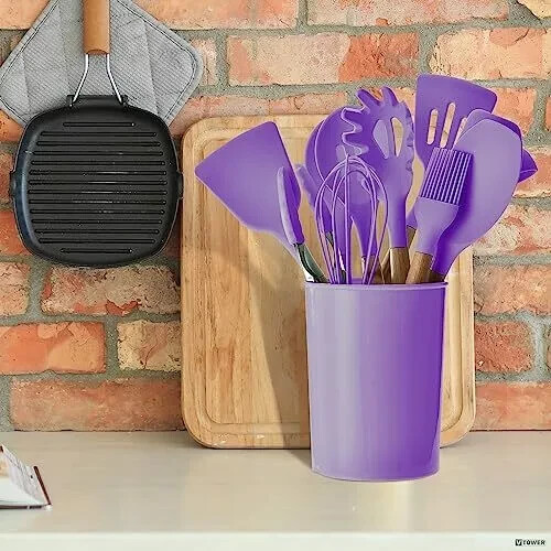 12-Pcs Kitchen Silicone Utensils Set with Heat Resist Wooden Handle purple - Picture 9 of 10
