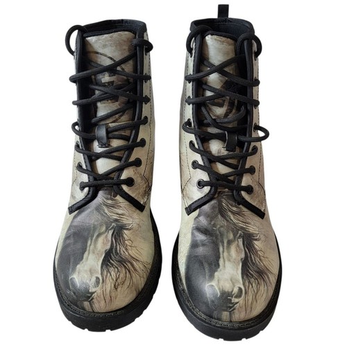 American Eagle Horse Print Combat Boots Sz 8 Ivory Black Y2K Wimsigoth Grunge - Picture 3 of 11