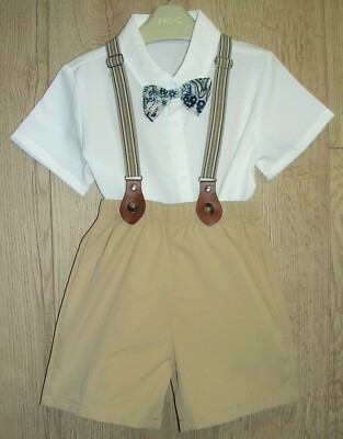 SHEIN new Boys Beige White Shorts Braces Shirt Dickie Bow Tie Set