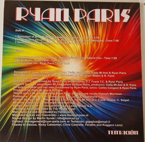 Ryan Paris – Sensation Of Love 12" - Picture 2 of 3