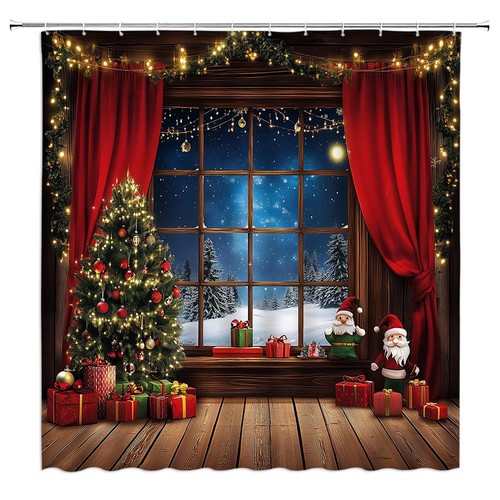 Merry Christmas Shower Curtain Window Scene Winter Snowy Xmas Pine Tree Snowf... - Picture 1 of 4