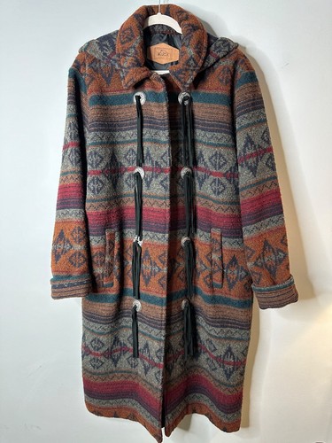 Vintage Woolrich Woman's Medium Wool Long Blanket Coat Hooded Conchos Southwest - Picture 1 of 9