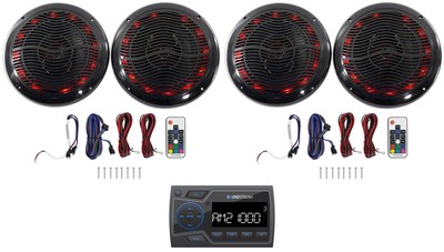 Soundstream MHU-32 Marine ATV/UTV Bluetooth Receiver+(4) Black 6.5'' LED Speakers