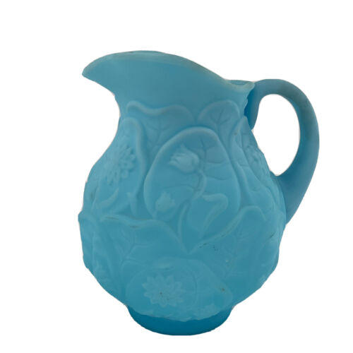 Fenton Vintage Blue Satin Pitcher Water Lily Design 7" Custard Glass - Picture 1 of 10