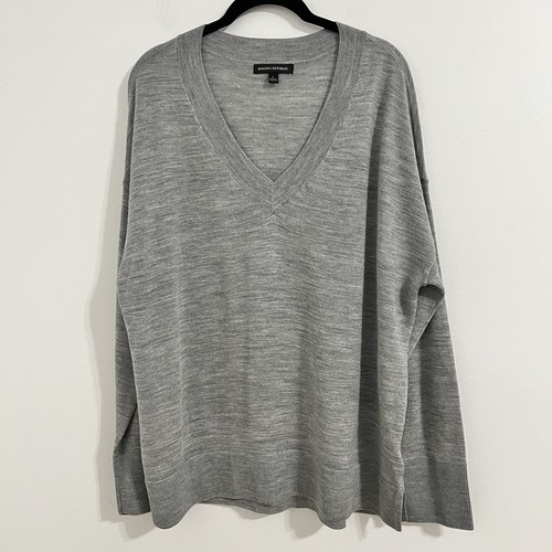 Banana Republic Merinowolle Pullover Gr. L grau V-Ausschnitt Capsule minimalistische Tunika