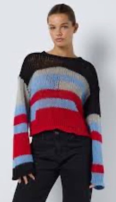 Noisy May Women's Medium NMLUCA Red Sweater Multicolor Crew Neck Soft.