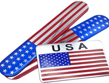 6" x 1" Mirror Set Metal American Flag Emblem Stickers + USA Decal 3.15" x 1.97"
