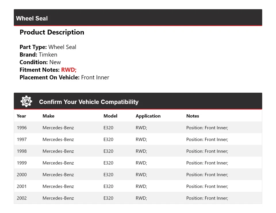 Sello de rueda interior delantero Timken 1997 1998 para Mercedes-Benz E320 1996-2002 tracción trasera Foto 2 de 4