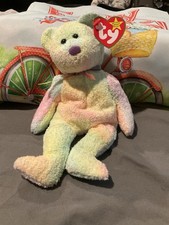 Ty Beanie Baby Groovy Bear Retired 1999 Pastel Rainbow Plush with Heart Tag