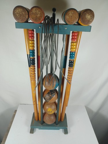 Vintage 4-Player Wooden Croquet Set on Rolling Wire Metal Cart Stand  -COMPLETE-