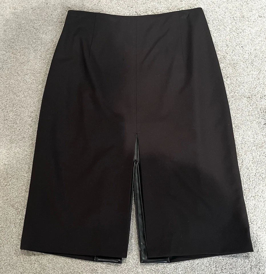 Falda Lápiz Elie Tahari Marrón Oscuro, DETALLES DE CUERO Y CREMALLERA, Totalmente Forrada, Talla 8 Foto 2 de 4