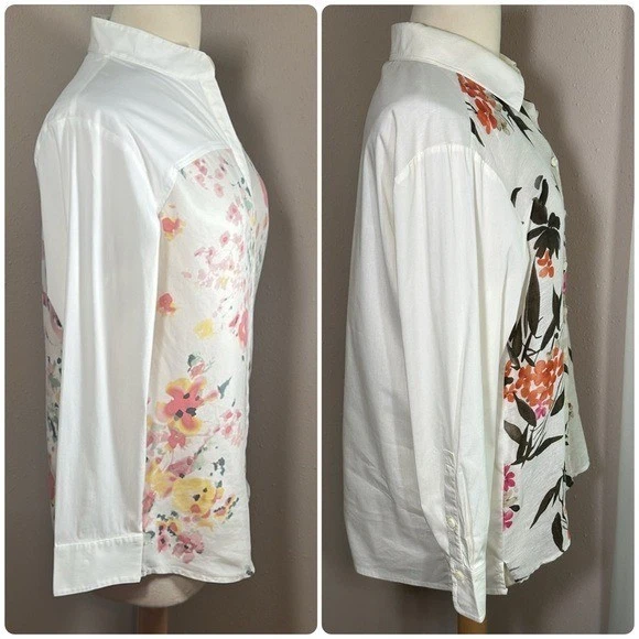 Lote de 2 blusas tops abotonadas talla mediana florales crema blanco lino seda Foto 3 de 4